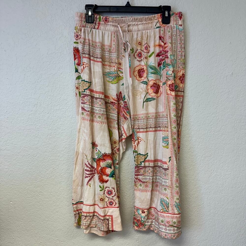 Johnny Was Printed Cotton Lounge Set Button Up Top Wide Leg Pants Rose M - Picture 6 of 9